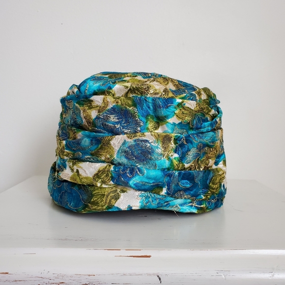 50s 60s Vintage Union Made Metallic Gold Garden Print Turban Hat - Picture 13 of 13